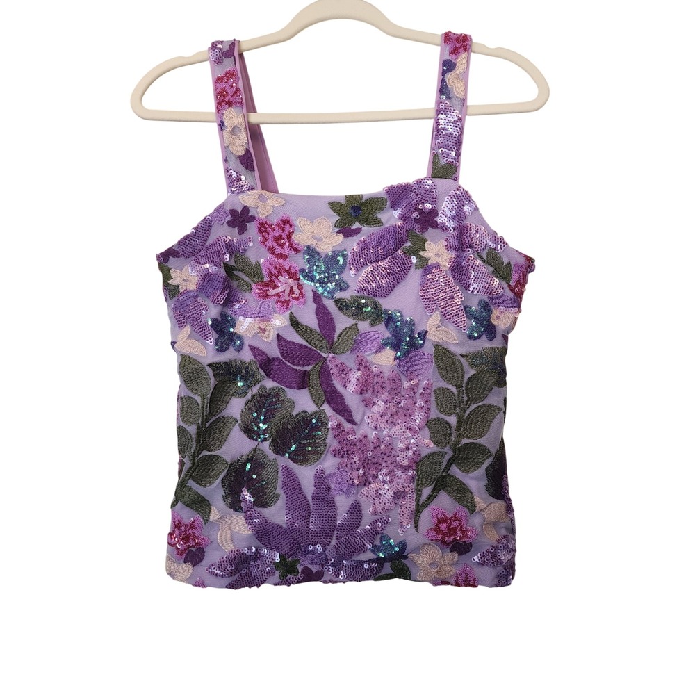 Boston Proper Womens Purple Floral Sequin Embroidered Mesh Camisole Top Size S